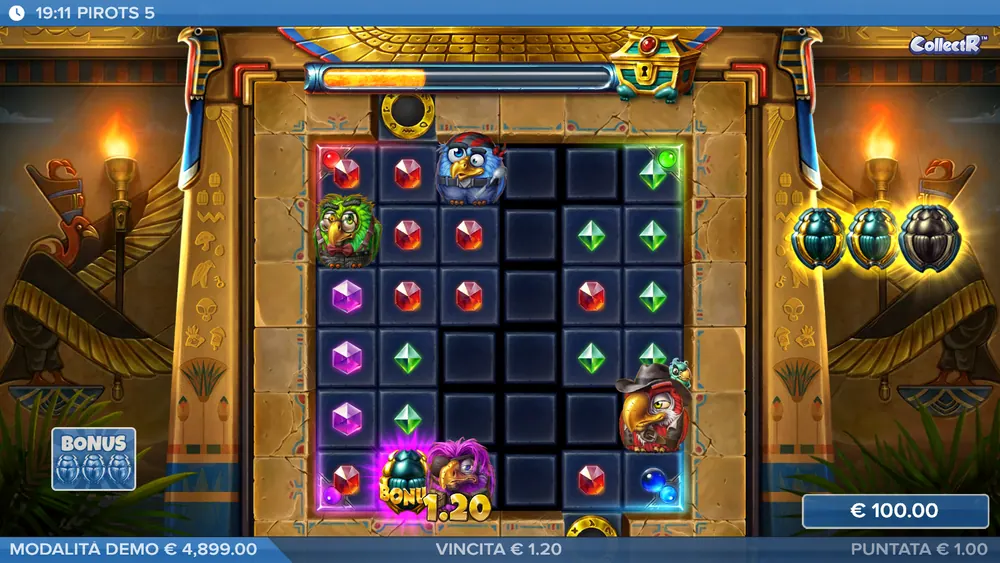 Pirots 5: pappagallo viola che raccoglie gemme e simboli bonus sulla griglia