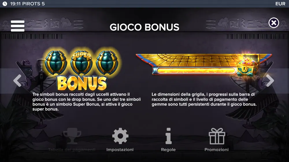 Pirots 5: pagina del menu con il gioco bonus e i pulsanti Regole e Impostazioni