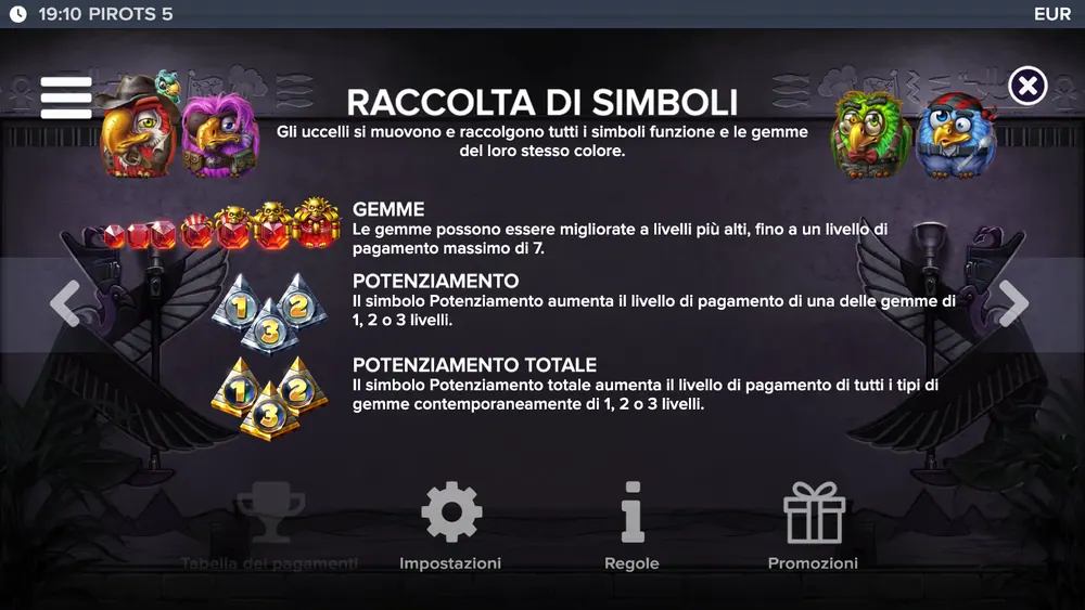 Pirots 5: la pagina delle regole sulla raccolta dei simboli, con i quattro pappagalli
