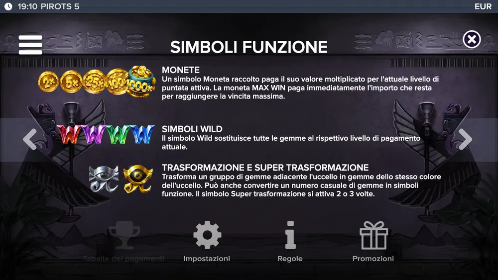 Pirots 5: pagina delle regole sui simboli funzione
